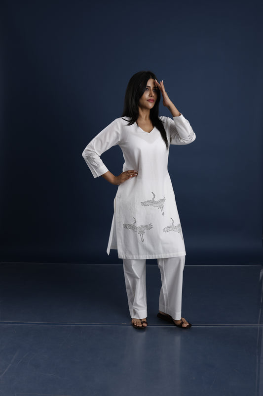 Hand Block Printed White Kurta Set (2 Piece Set)