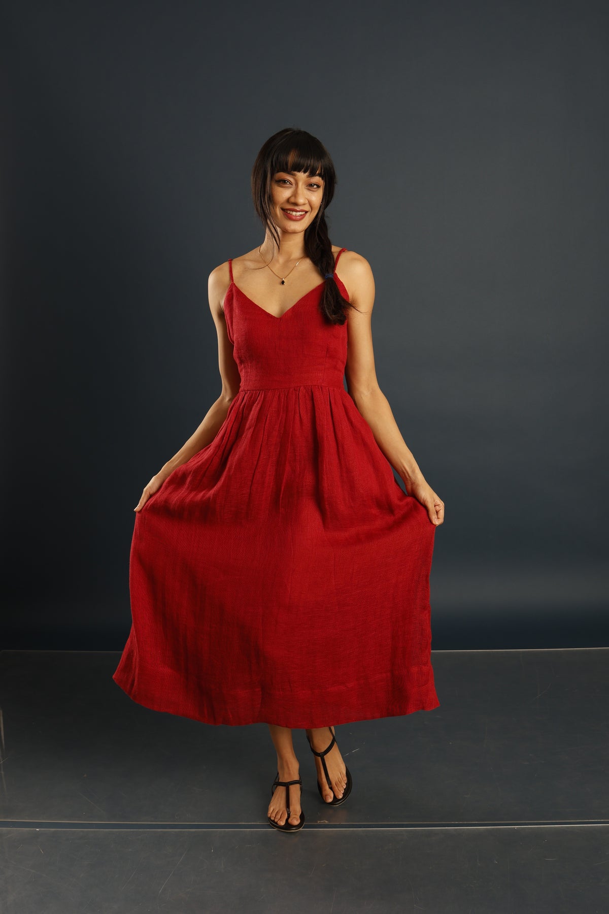 Maroon Linen Midi Dress