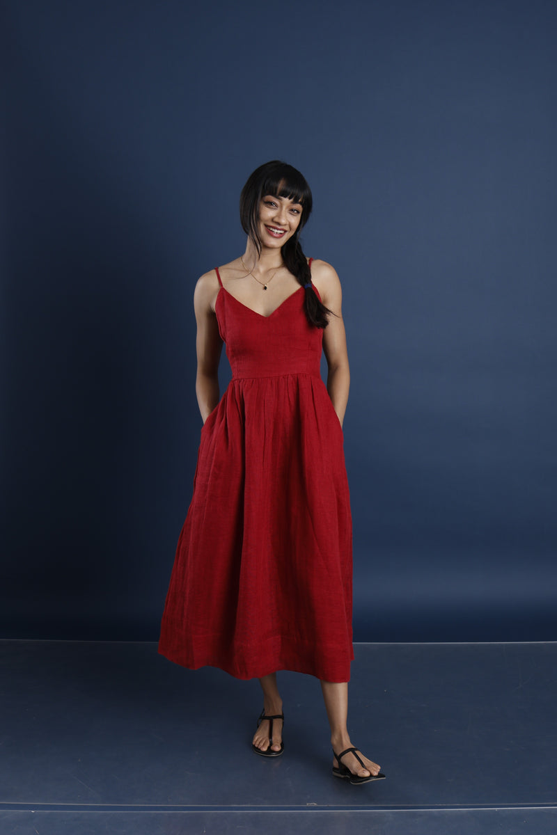 Maroon Linen Midi Dress