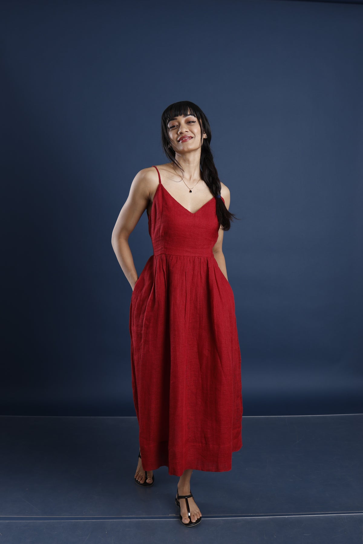 Maroon Linen Midi Dress
