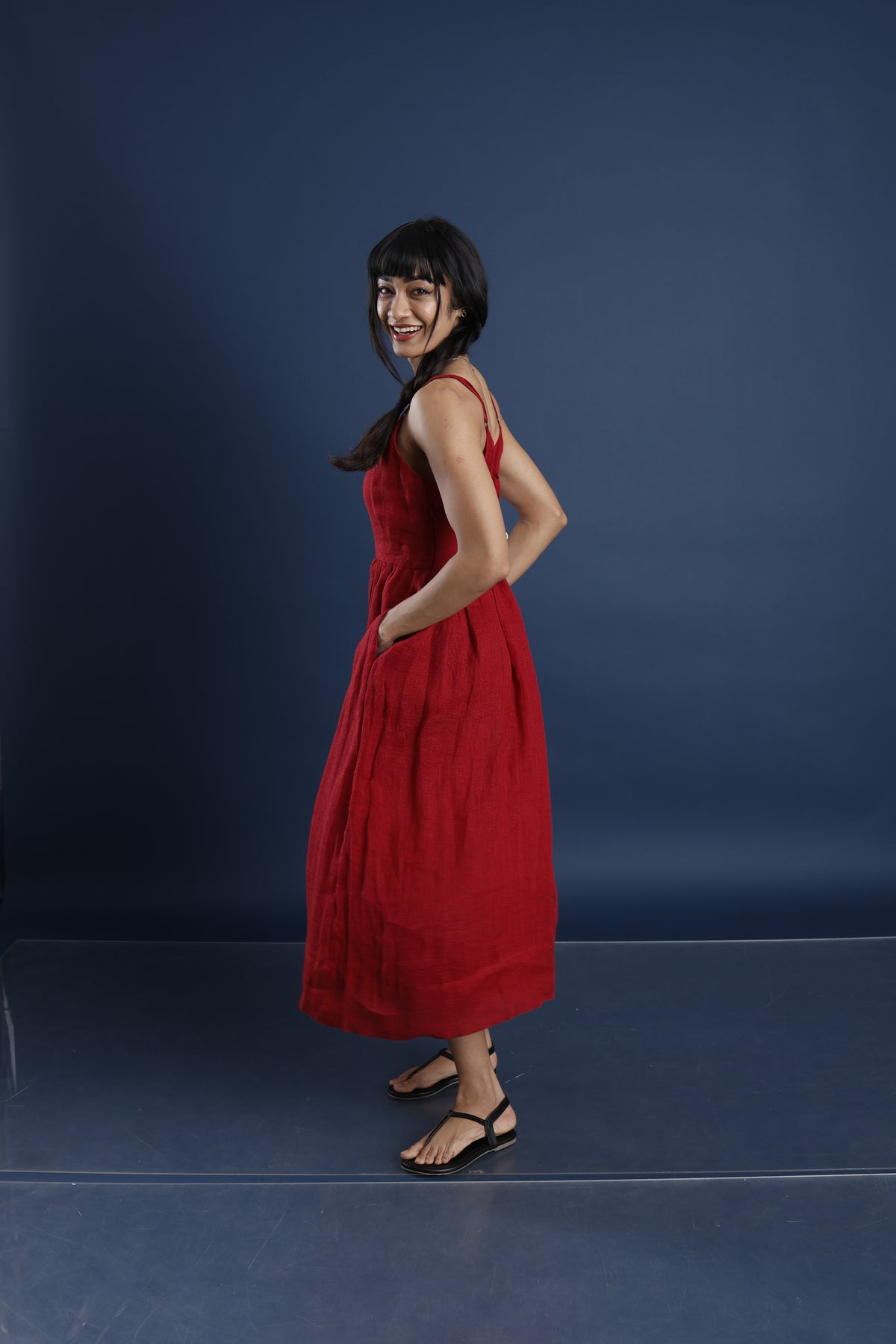 Maroon Linen Midi Dress