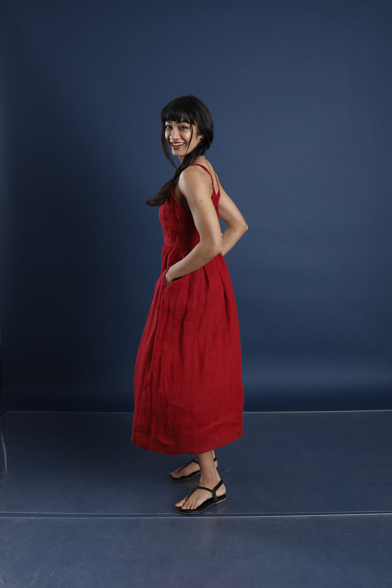 Maroon Linen Midi Dress