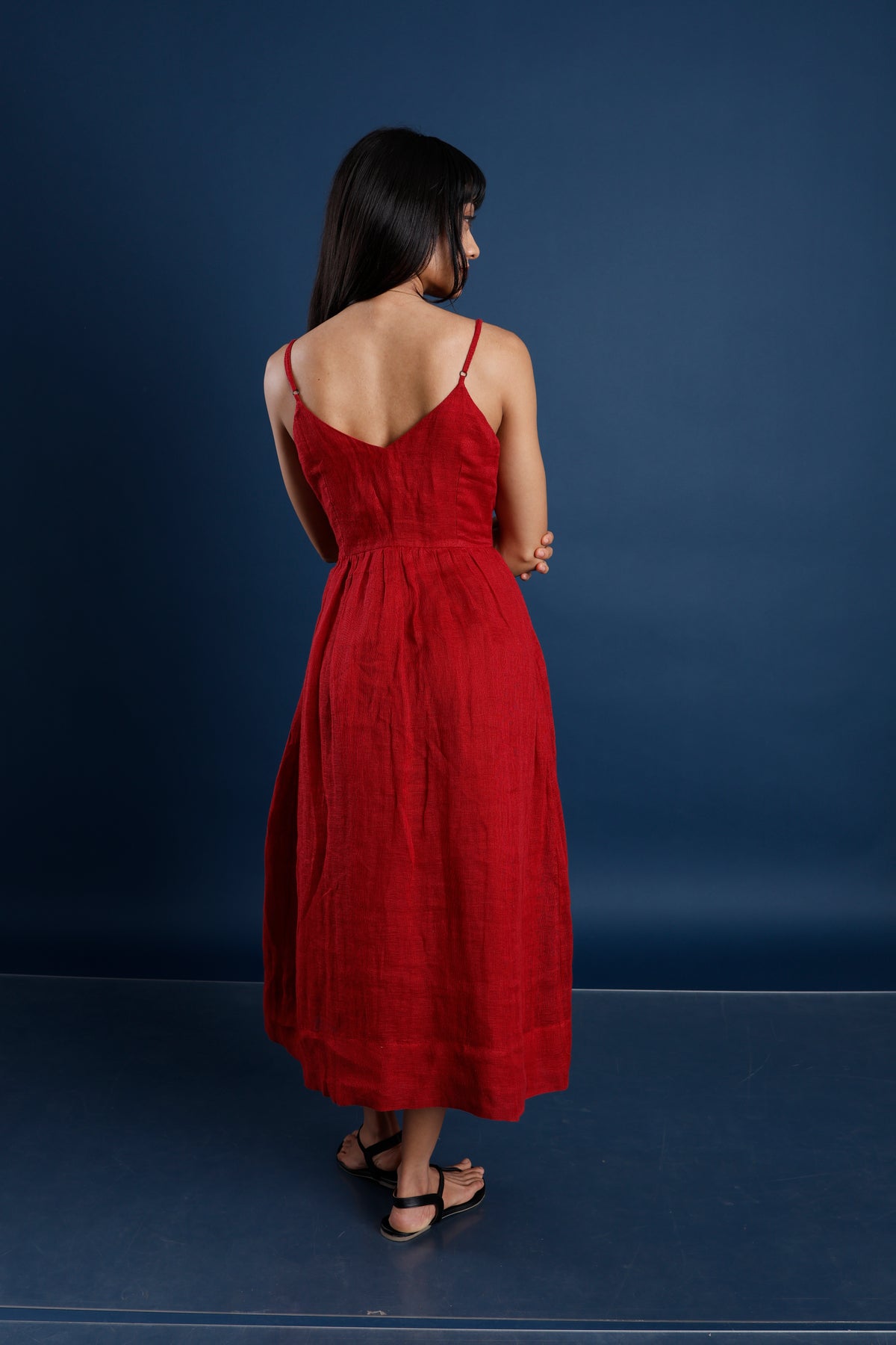 Maroon Linen Midi Dress